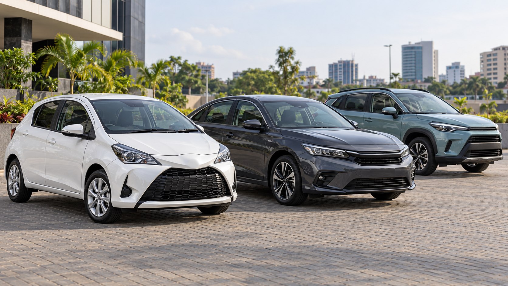 A white hatchback, charcoal sedan, and teal crossover parked together